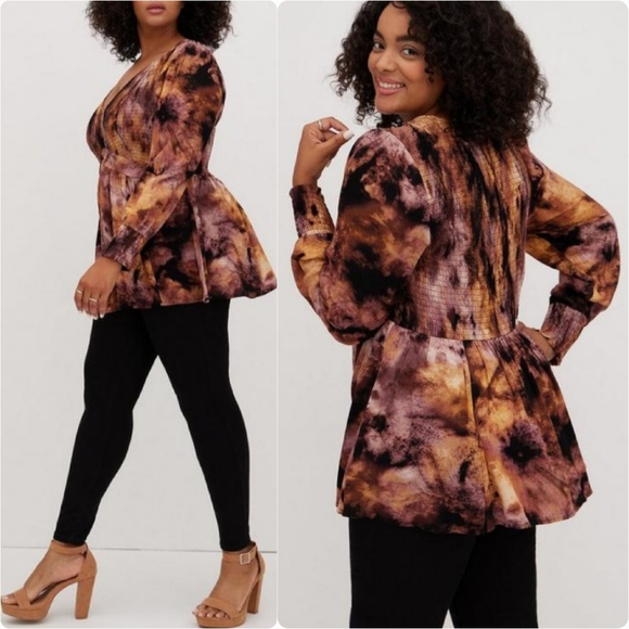 NWT Torrid Babydoll peplum long sleeve blouse 3X Top smocked V neck summer - Picture 1 of 16